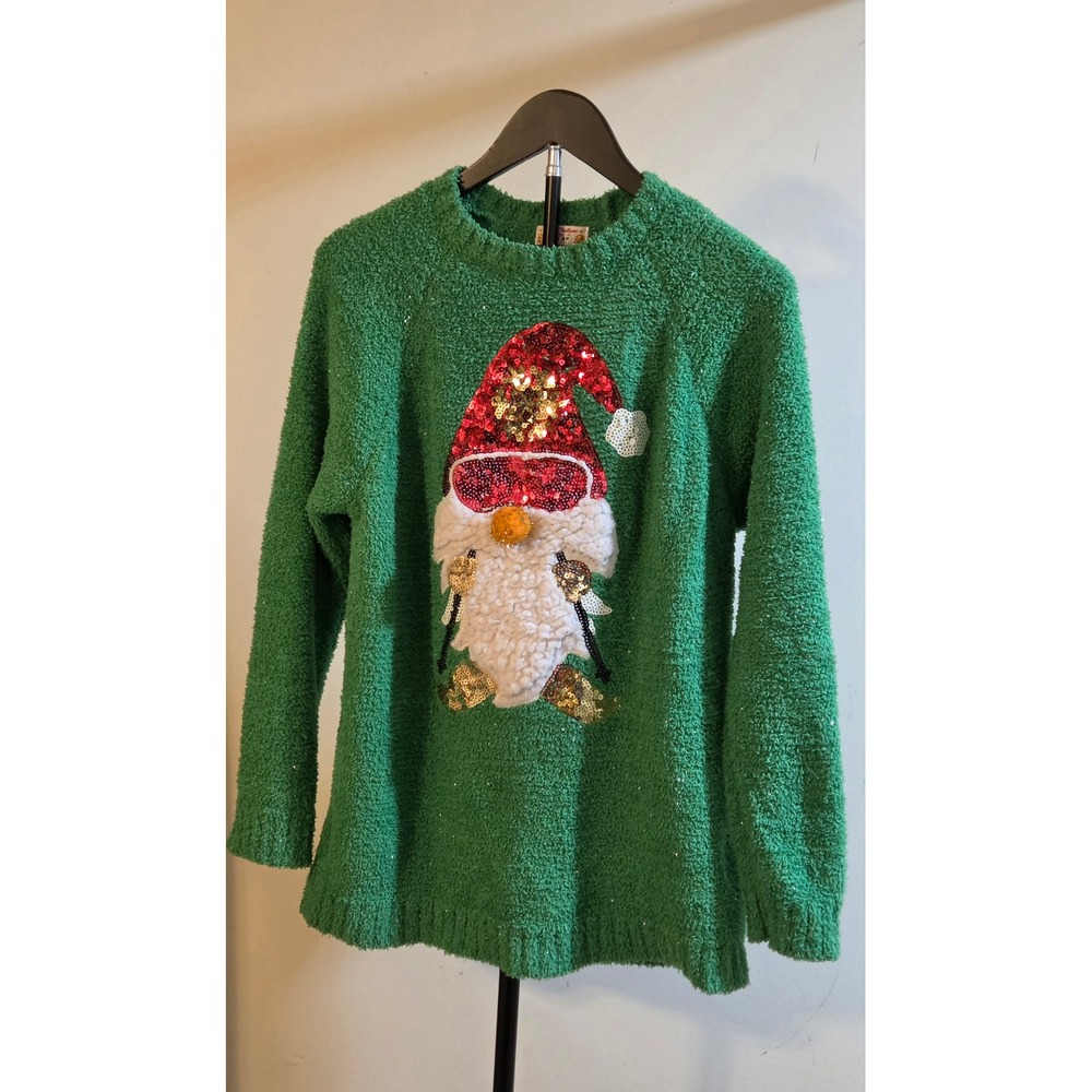 Poof Merry Christmas Penguin Skiing Womens Size Large Green Sequins